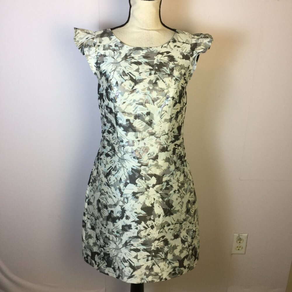 1901 Mini Dress Size 4 Womans Blue Gray Floral Metallic Short Sleeve Cocktail